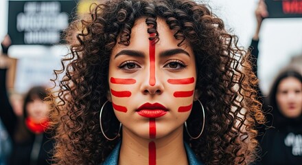 Powerful Woman Leads Protest with Face Painted and Determined Look