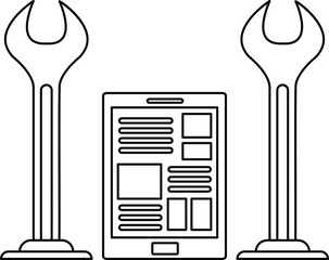A black and white drawing of a wrench and a tablet with a black