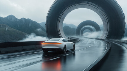 Futuristic white sports car driving on surreal looped highway