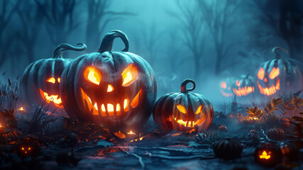 Spooky night with lights and scary pumpkins as Halloween background.