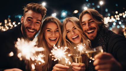 Happy Friends Celebrating with Sparklers at Festive Winter Night