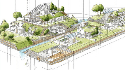 Rainwater village – Cutaway 3D design of a rainwater-harvesting village with off-grid energy, green rooftops, and passive cooling.