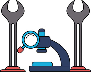 A black and white drawing of a microscope with a magnifying glass and a wrench