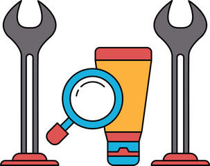 A black and white drawing of a toolbox with a magnifying glass