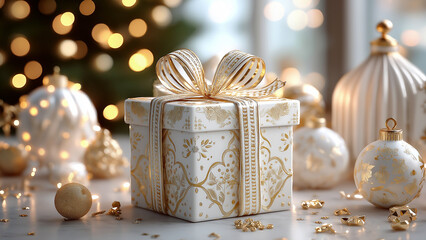 Luxury Christmas gift box with golden ribbon and ornaments