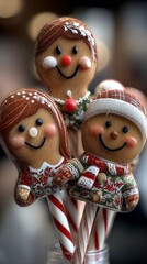 Fototapeta premium Christmas Candy Canes and Gingerbread Figures with Smiling Faces. Holiday-Themed Peppermint Sticks with Festive Decorations.