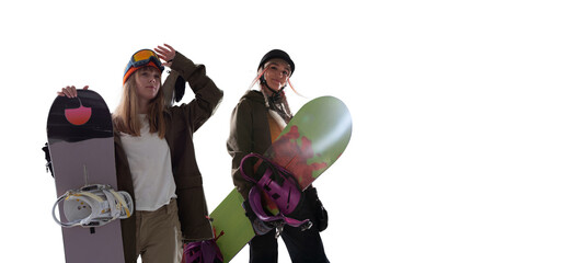 Snowboarding riders isolated on white background.