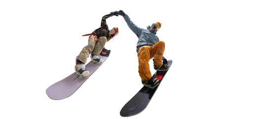 Snowboarding riders isolated on white background.