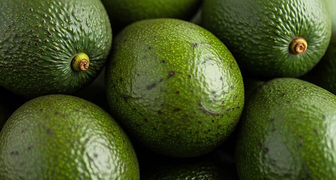A closeup view of several ripe, green avocados with textured skin, highlighting their natural beauty and healthy food qualities animated 4k video
