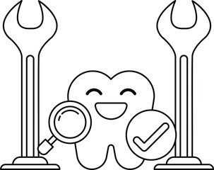 A cartoon tooth is smiling and holding a magnifying glass