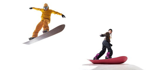 Snowboarding riders isolated on white background.