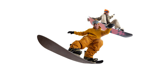 Snowboarding riders isolated on white background.