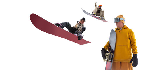 Snowboarding riders isolated on white background.