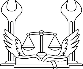 A black and white drawing of scales and wings with a book on top