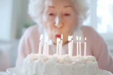 The focus is on a cake with candles, with an elderly woman blowing them out in the background.