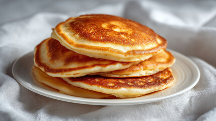 焼きたてのふっくらとしたパンケーキが白い皿に積まれたおいしそうな朝食