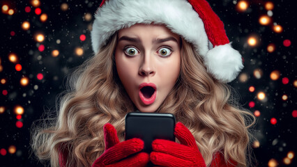 Surprised Woman in Santa Hat Using Smartphone at Christmas