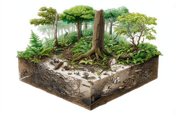 Rainforest floor – Cutaway 3D diagram of a rainforest floor ecosystem with fungal networks, detritus decomposition, and insect habitats.