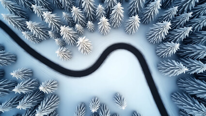 Remote Snowy Path Surrounded by Frosty Conifer Trees in Forest