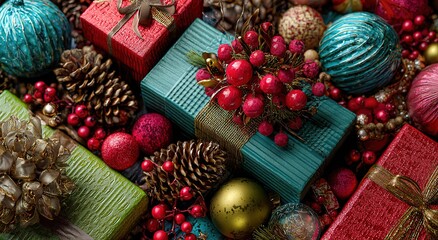 a festive christmas background featuring colorful gift boxes, pine cones, and decorations.