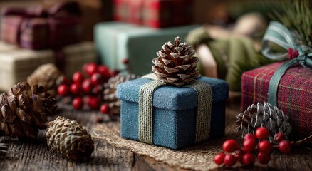 a festive christmas background featuring colorful gift boxes, pine cones, and decorations.