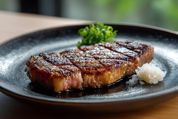 Exquisite Hida Beef Steak Displayed on a Black Plate with Garnishes in a Light-Filled Setting
