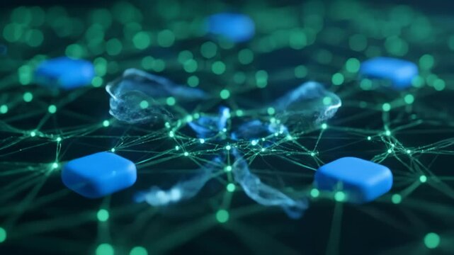 Blue Lozenges Floating Above Luminous Network With Particle Effects