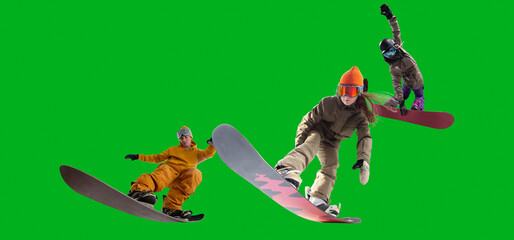 Snowboarding riders isolated on green screen.