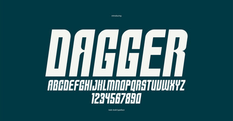 Geometric italic and bold sans serif typeface, vector thick and massive minimal font, poster and advertising letters and numbers alphabet for logos headers or slogans.