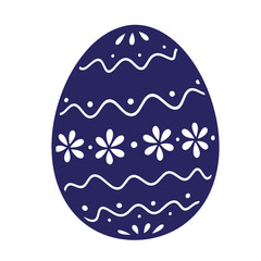 Elegant easter egg illustration with floral and wavy decorative patterns in navy blue color