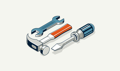 Repair and maintenance concept, technics service, tools in 3D isometric projection vector illustration, technical mechanical workshop.