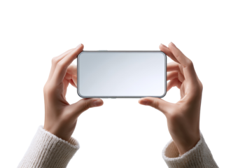 Close-up of hands holding a blank smartphone screen.  Hands in a neutral, relaxed position.  Light-colored sweater sleeves visible.  Black background