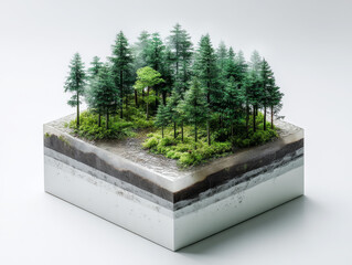Foggy coastal forest – Cutaway 3D model of a foggy coastal forest with humidity layering, condensation zones, and moss growth density.