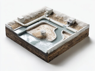 Stormwater garden – Cutaway 3D model of a stormwater treatment garden with layered soil filters, intake pipes, and overflow channels.