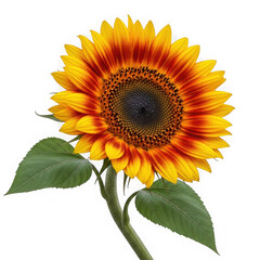 Obraz premium Vibrant sunflower with green leaves isolated on transparent background