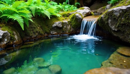 Fototapeta premium A small, clear pool formed by a miniature waterfall of branch water, reflecting the surrounding lush ferns and mossy rocks. A small, crystal clear pool created by a miniature waterfall of branch