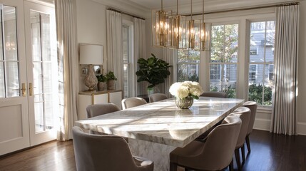 Elegant marble dining table bathed in warm sunlight, creating a luxurious and inviting atmosphere for sophisticated gatherings and family meals.