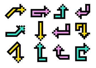 Pixel color arrows retro style. Set of arrow icons pointing in various directions, straight, circular, curved, down, up, right, and left.
