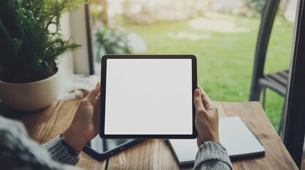Hands Holding Digital Tablet with Blank Screen in Cozy Home Setting Overlooking Lush Green Garden