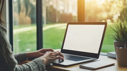 Woman Typing on Laptop at Home Office Desk with Sunlight Streaming Through Window in Cozy Workspace