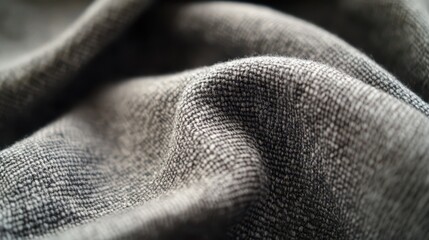Close-Up of Textured Gray Fabric with Soft Folds and Intricate Weave Patterns in Natural Light