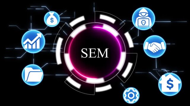 S E M strategy digital marketing growth finance security partnership business success icons abstract technology