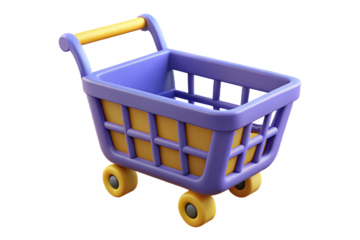 3d rendered purple and yellow toy shopping cart with wheels isolated on black isolated on transparent background