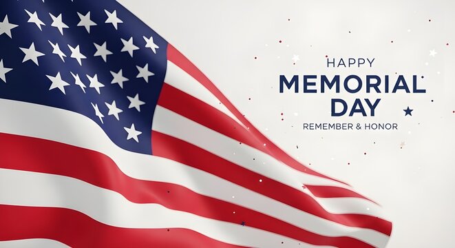 Waving american flag with happy memorial day text and confetti against a white background