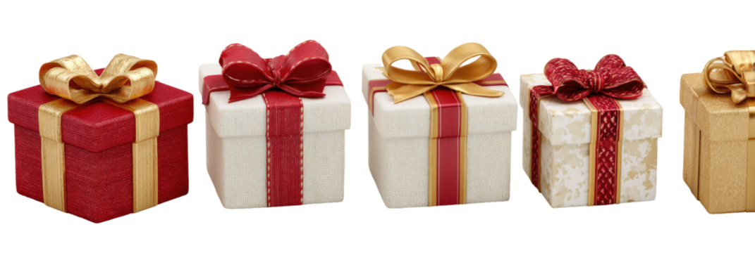 Four small gift boxes,  red and white with gold ribbon