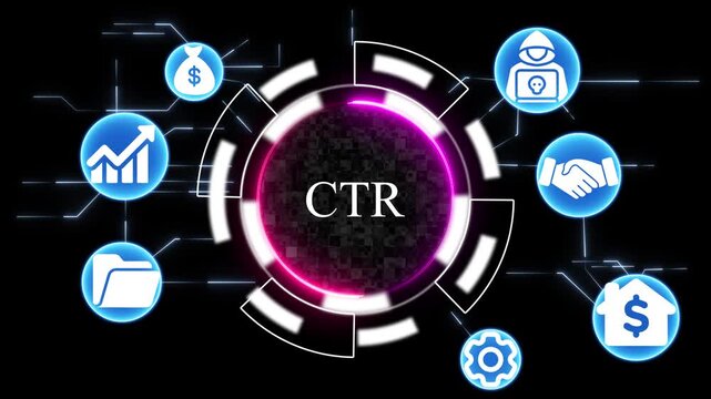 Digital marketing analytics C T R concept with glowing icons for growth finance hacking and business partnership on dark background