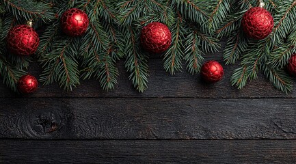 christmas background with dark wood and green pine branches, red ornaments on the edge of a wooden tabletop, viewed from above. 