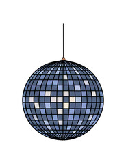 Minimalist digital illustration of a disco ball with blue and white grid pattern, perfectly spherical, hanging on a copper hook, isolated on transparent background, clean vector art