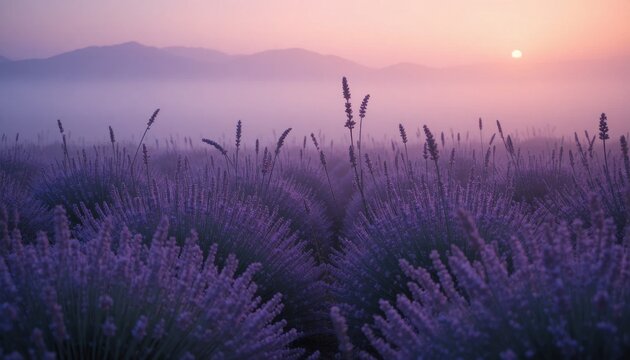 Lavender Field at Sunrise With Mist Over Mountains in the Background - Powered by Adobe
