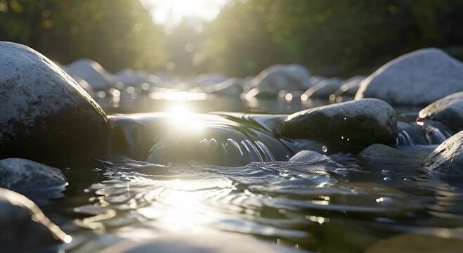Sunlight filters through trees onto a shallow stream with smooth rocks and bubbling water animated 4k video